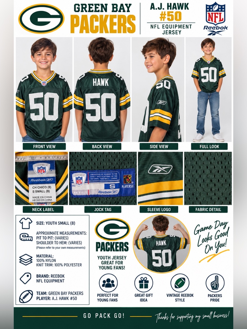 Green Bay Packers A.J. Hawk #50 Reebok NFL Equipment Youth Small 8 Jersey